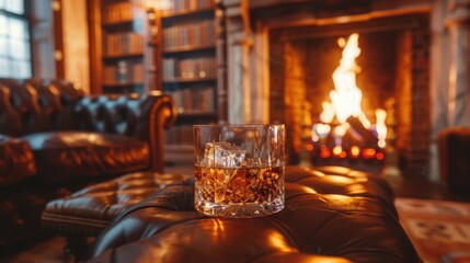 A Glass of Golden Whiskey Bathed in the Warmth of a Cozy Fireplace in an Elegant Library Setting, Creating a Sense of Comfort and Relaxation