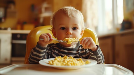 A baby with blonde hair is happily eating a meal in a high chair.