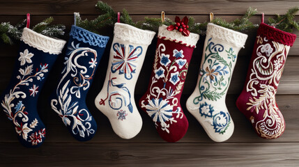 collection of handmade Christmas stockings with intricate embroidery hang joyfully on wooden wall, showcasing festive designs and vibrant colors.