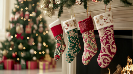 Colorful Christmas stockings hang joyfully by cozy fireplace, with beautifully decorated tree in background, creating warm holiday atmosphere.
