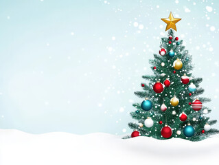 Obraz premium beautifully decorated Christmas tree stands in snowy landscape, adorned with colorful ornaments and topped with shining star, evoking festive and joyful atmosphere.