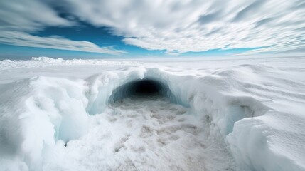 Obraz premium A dramatic snow-covered tunnel leading into a mysterious dark icy cave, emphasizing the allure of exploration and the hidden wonders of frosty environments.