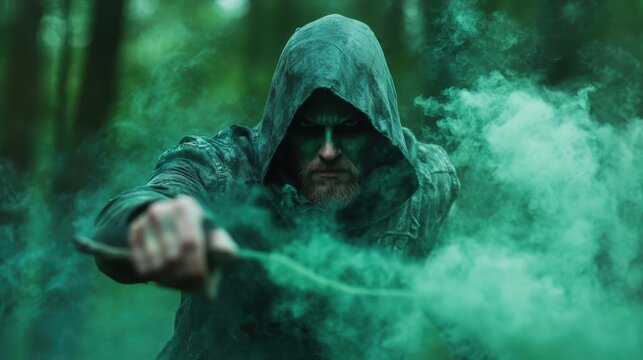 A mysterious hooded figure brandishing a staff releases green smoke in a dark forest, evoking themes of magic, power, and the ancient art of spellcasting.