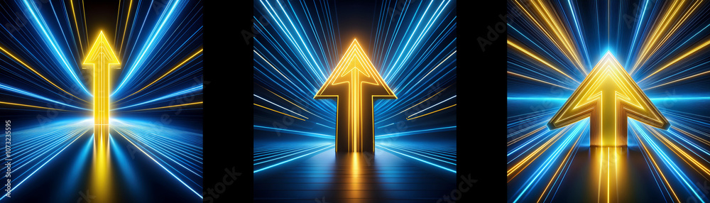 Aufkleber A golden arrow in the center of three frames with blue and yellow lines extending from the edges.