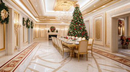 Luxurious dining room adorned with artificial Christmas tree, glowing with lights and festive decorations, creating warm and elegant holiday atmosphere.