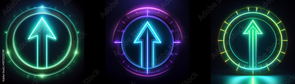 Aufkleber Three neon green arrows point upwards, each inside a glowing circle with a different colored border.