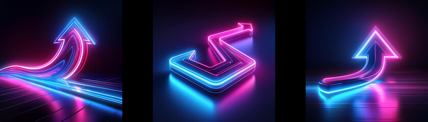 Three neon arrows in blue and pink light on a black background. The arrows are facing upward and are illuminated with a glowing effect.