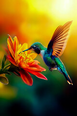 Fototapeta premium A vibrant close-up of a hummingbird in mid-flight, gracefully hovering as it pollinates a bright flower.