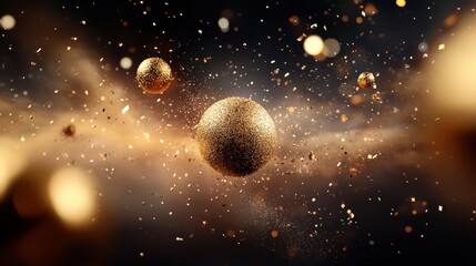 Spheres of glittering gold navigate through a cosmic cloud of particles, embodying the timeless elegance and dynamic allure of shimmering gold in the universe.