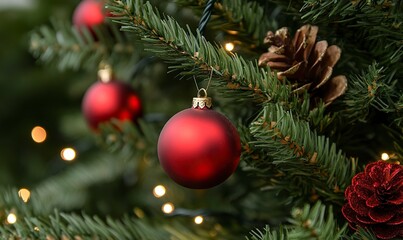 Obraz premium close up of christmas tree branches with lights and ornaments in the branches and a very smooth bokeh bright background with christmas lights .generative ai