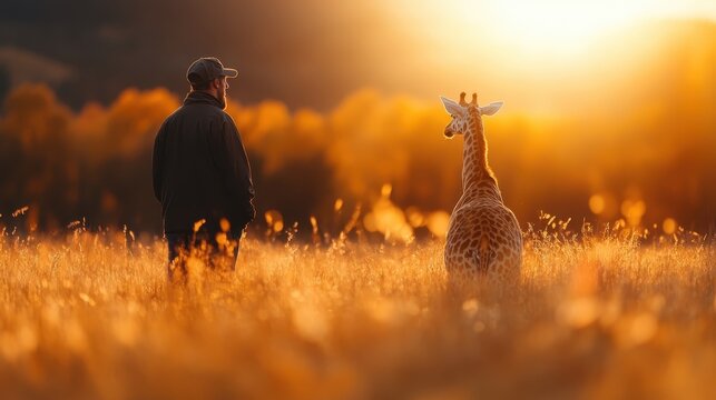 A man stands near a giraffe in a field bathed in golden sunlight, both gazing at the horizon, capturing a moment of shared solitude and connection with nature.