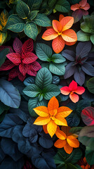 Top view of plants with different kinds of leaves and flowers