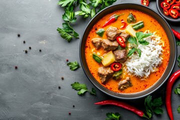Lush Bowl of Spicy Thai Curry Featuring Chunks of Tender Meat, Fresh Herbs, Colorful Vegetables, and Steamed Rice, Perfect for Food Lovers and Culinary Enthusiasts