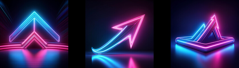 Three glowing neon signs with different shapes and colors against a black background.