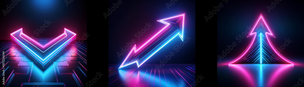 Poster three neon arrows, two pointing upwards and one pointing downwards, glow in the dark with vibrant bl