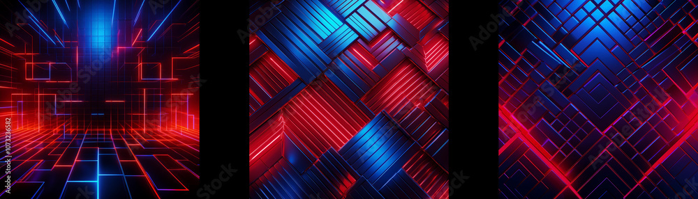 Aufkleber abstract digital art with red and blue neon lines and squares.