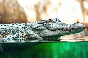Fototapeta premium A Majestic Crocodile Lurks in the River, Partially Submerged and Gazing at the Observer With Intent