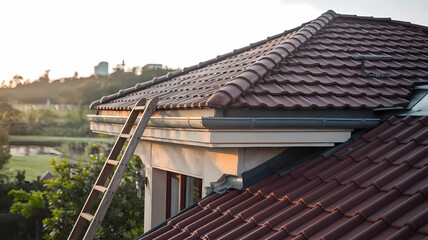 A close-up view of a modern house with a tiled roof, featuring a ladder leaning against the eaves at sunset.
