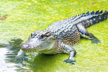 Fototapeta premium A Crocodile Lurking Just Below the Surface, Observing Its Surroundings in Tranquil Waters