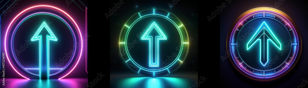 Aufkleber Three neon glowing arrow signs pointing upwards in different circular frames with various colors.
