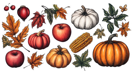 Abstract watercolor hand drawn pumpkins, apples, and corn with vibrant leaves, perfect for autumn decorations and seasonal artwork. Hand drawn nature design elements isolated on white background.