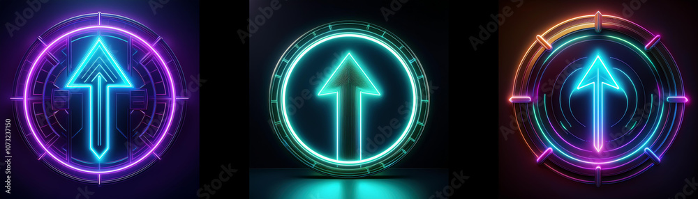 Fototapete three neon glowing arrows pointing upward inside a circular frame with a dark background.