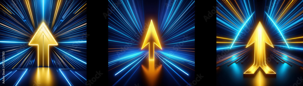 Poster A glowing gold arrow points upward surrounded by neon blue lights, creating a dynamic abstract design.