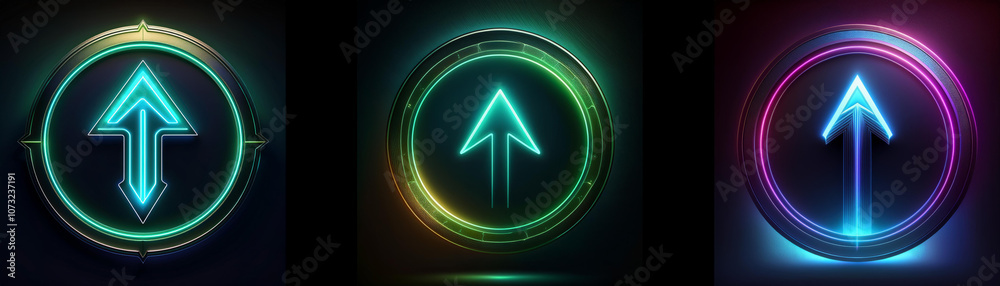 Poster three glowing neon up arrow symbols in circles against a black background.