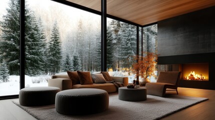 Fototapeta premium A stylish living room with plush furniture showcases breathtaking views of a snowy forest through expansive windows, with a cozy fireplace adding warmth.
