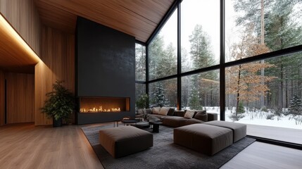 Fototapeta premium A spacious and elegant living room featuring full-height windows revealing a breathtaking forest landscape, complemented by a sleek, modern fireplace design.