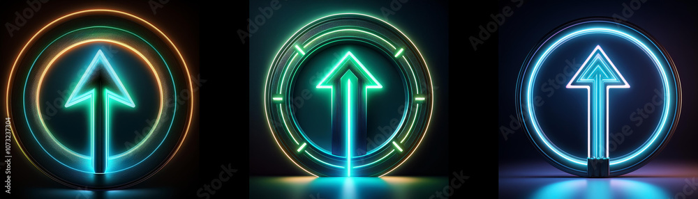 Poster three glowing neon arrows pointing upwards surrounded by circular neon lights.