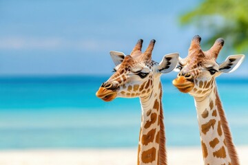 Obraz premium Intriguing Moment of Giraffes Taking Temperature on a Tropical Beach With Vibrant Coconut Trees