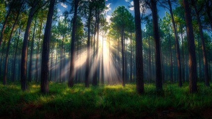 Obraz premium Ethereal Morning Fog Blanketing Tall Pine Forest with Sunlight Piercing Through Tree Canopy Creating a Mystical Atmosphere in Nature