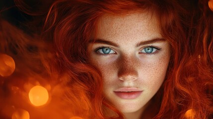 Fototapeta premium A mesmerizing portrait of a woman with long red hair and bright blue eyes, her intense gaze drawing you in. Warm orange lighting creates a dramatic atmosphere.