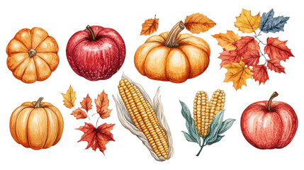 Abstract watercolor hand drawn pumpkins, apples, and corn with vibrant leaves, perfect for autumn decorations and seasonal artwork. Hand drawn nature design elements isolated on white background.