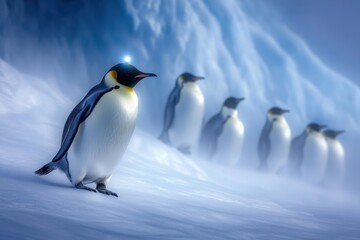 Fototapeta premium Penguins With Headlamps Exploring a Surreal Crystal Cave Filled With Glowing Wonders at Twilight