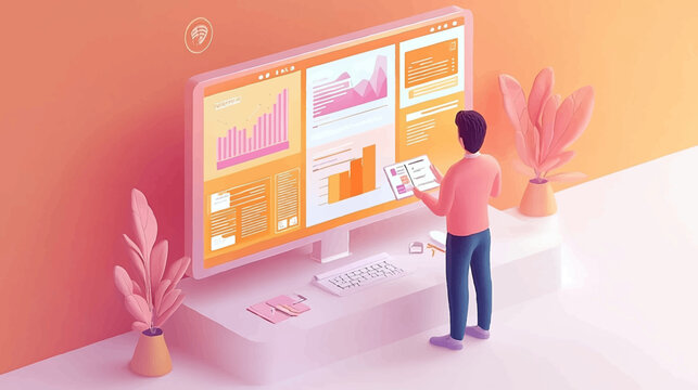 Digital marketing journey isometric seamless pattern. Line 3d icons, people characters, arrows. Develop, business infograph. Vector background teamwork concept illustration. Advertising strategy, seo.