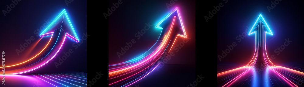 Poster three neon arrows pointing upward on a dark background.