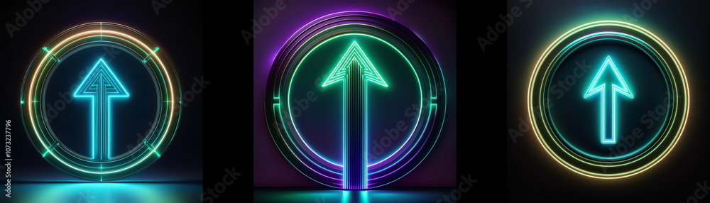 Poster three circular glowing neon signs with an upwards arrow.