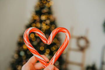 Hand holding a heart-shaped candy cane in front of a Christmas tree