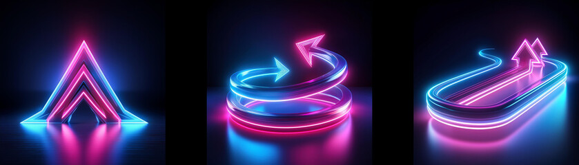 Three neon glowing signs on a black background. Two signs are arrows, one is a triangle.