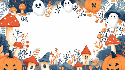 Halloween frame with skull, pumpkins, bats, spiderweb, cat. Halloween border isolated on white background. Design element for card, poster, text decoration. Vector illustration.