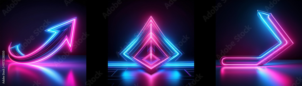 Poster three glowing neon arrows in different shapes and colors on a dark background.