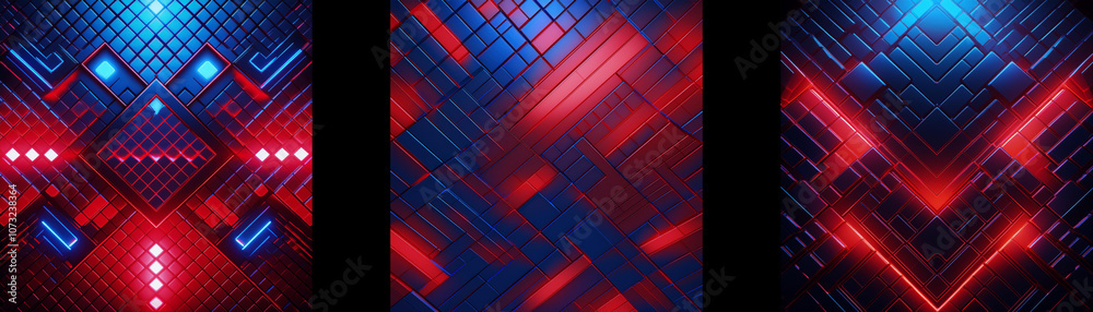 Poster abstract geometric design with a dark background, red and blue glowing lines, and a central pattern 