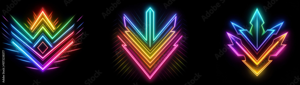 Poster three abstract neon arrows in different styles and colors pointing downward against a black backgrou