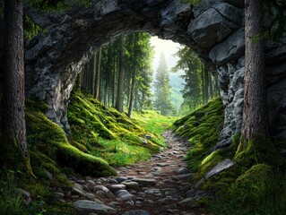 Hidden Cave Entrance Surrounded by Dense Forest with Lush Greenery, Mossy Rocks, and a Serene Pathway Leading into the Wilderness