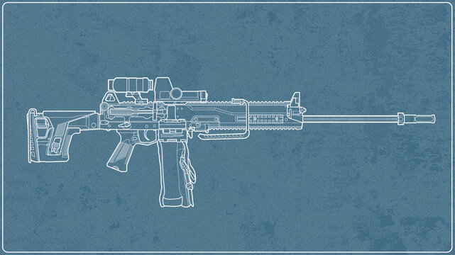 blueprint of upgraded Russian rpl 20 machine gun with collimator sight, folding stock and magnifier on a blue background