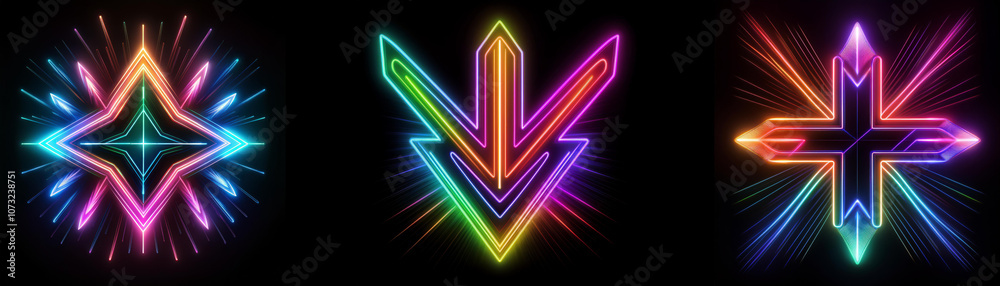Poster Three abstract neon symbols on a dark background. Each symbol is composed of multiple bright colors.