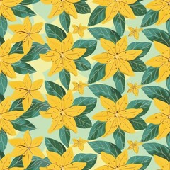 Seamless Minimal Starfruit Pattern Design Featuring Yellow Flowers and Green Leaves for Fabric, Wallpaper, and Crafts