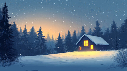 Fototapeta premium Cozy winter cabin nestled in a snowy forest glade, with a warm glow emanating from its windows. Vector flat minimalistic isolated illustration.